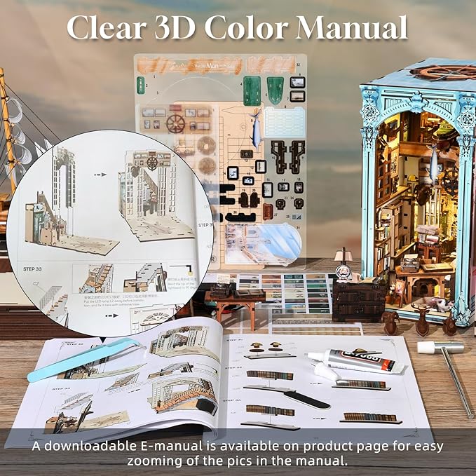 MiniCity DIY Book Nook Kit for Adults, 3D Wooden Puzzle Bookend Bookshelf Insert Decor with LED Light and Dust Cover (Hemingway House)