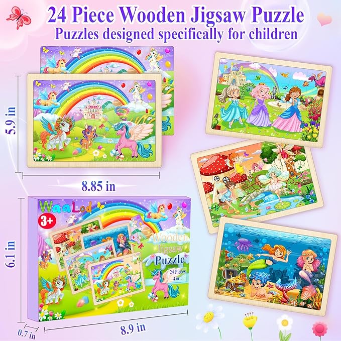 Wooden Puzzles for Kids Ages 4-6, 4 Pack with 24 Pieces Unicorn, Mermaid, Princess, Elf Wooden Puzzles for Toddlers Set, Educational & Learning Puzzles, Toys Gifts for 3 4 5 6 Year Old Boys Girls