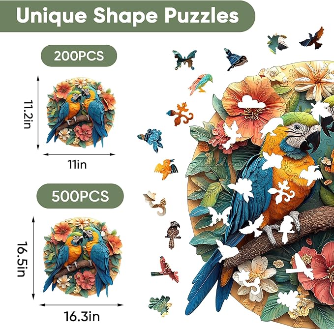 Ruikiyart Wooden Puzzles for Adults, 5MM 200 Pieces Parrots Wooden Jigsaw Puzzles, Birds Unique Shaped Puzzle Gifts for Adults and Kids on Thanksgiving, Challenging Family Puzzle Games (11"*11.2")