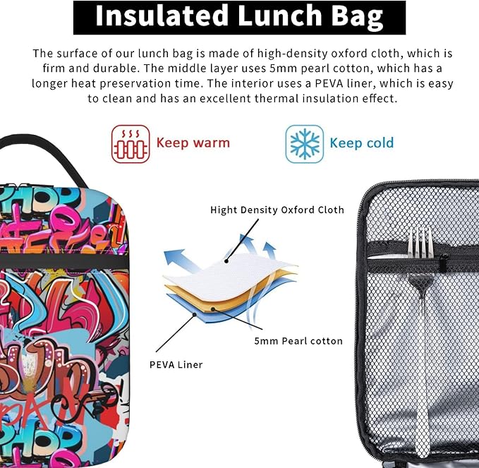 Graffiti Wall, Hip Hop Art Reusable Lunch Box Food Bag Insulated Lunch Bag