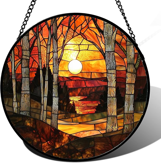Stained Glass Window Hanging, Orange Red Landscape Forest Lake Moon Suncatcher for Doors Window Home Sun Catchers Decor Mother's Day Birthday Gifts for Women Men Mom 15 in