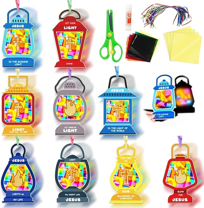 EggSun 36 Sets Jesus is The Guiding Light Sunday School Crafts for Kid Relgious Stained Glass Window Arts and Crafts Suncatcher Kit for Sunday School Thanksgiving Christmas Home Party Decorations