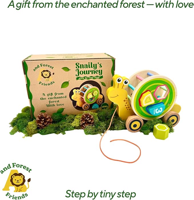 Snaily's Journey – Step by Tiny Step | Wooden 2-in-1 Pull Toy & Removable Shape Sorter Drum | Educational Animal Pull-Along for Toddlers | Fine Motor Skills Development | Gift for Boys & Girls