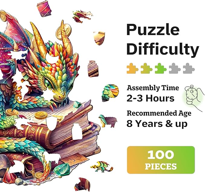 Jigfoxy Wooden Puzzles for Adults, Jeweled Dragon Wood Puzzles Adult, Unique Animal Shape Wooden Jigsaw Puzzles for Adults, Birthday Gifts for Puzzle Lovers, Family (S-8.5 * 8in-100pcs)