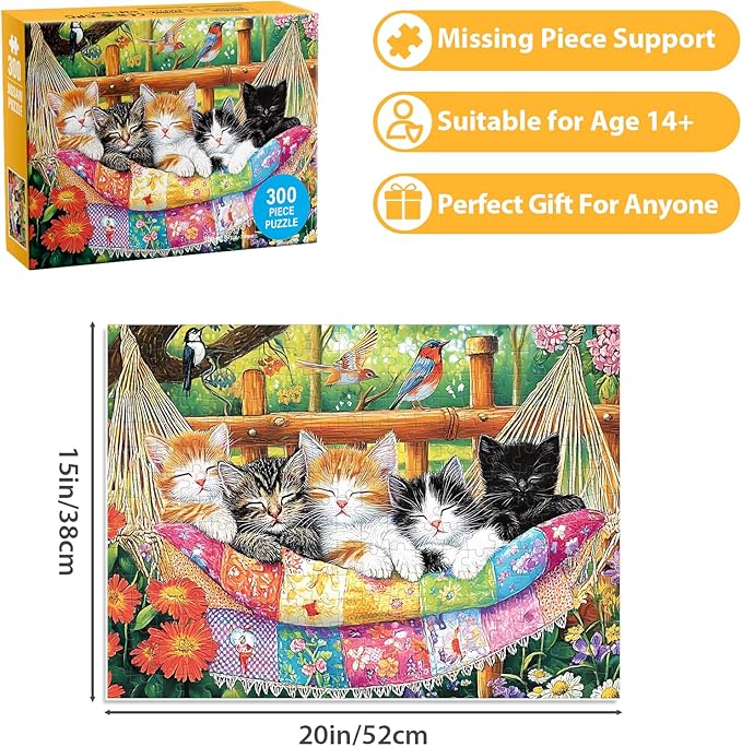 300 Piece Puzzle for Adults, Cat Birds Flower Puzzle for Adults Kids Seniors, Large Piece Animals Puzzles for Kids Ages 8-10 10-12, Challenging Puzzles Perfect for Game Nights, 20.5 * 15 in