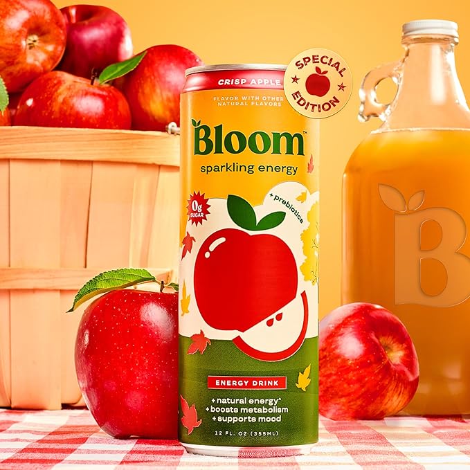 Bloom Nutrition Sparkling Energy Drink - Natural Caffeine, Zero Sugar, 180mg Caffeine - Antioxidant-Rich with Green Coffee Bean, Green Tea Extract, Prebiotics - Crisp Apple - 12oz 12 Pack