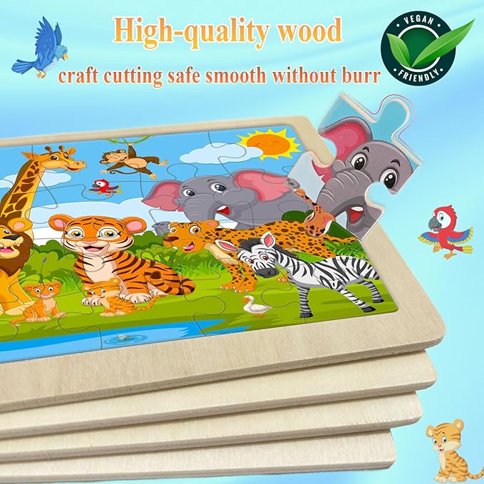 Wooden Puzzles for Kids Ages 4-6, 4 Pack with 24 Pieces Dinosaur, Animal, Ocean, Vehicle Wooden Puzzles for Toddlers Set, Educational & Learning Puzzles, Toys Gifts for 3 4 5 6 Year Old Boys Girls