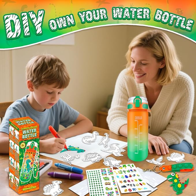 EDSPORTSHOUSE Decorate Your Own Water Bottle Kits for Boys Age 5-12,Dinosaur Painting Crafts,Fun Arts and Crafts Toys for Boys Birthday Christmas(Dinosaur)