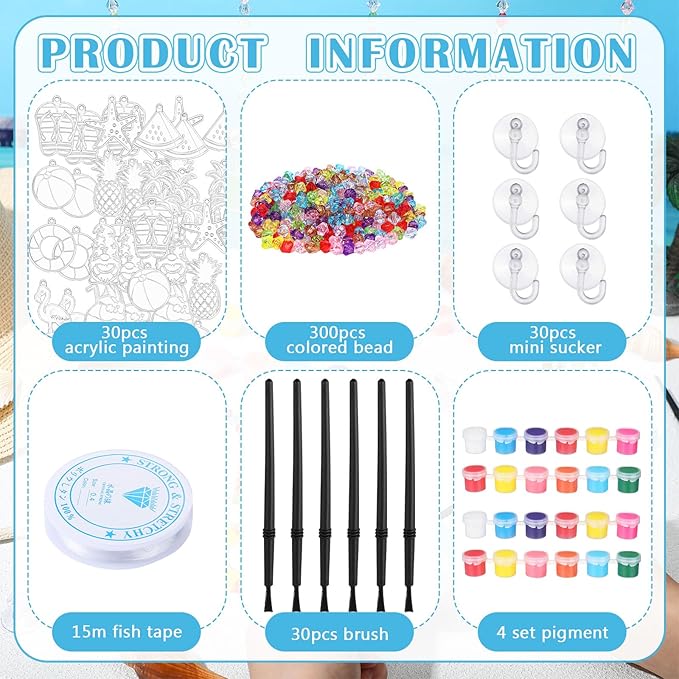 Yaomiao 30 Sets Summer Craft Kit End of Year Student Gifts Hawaiian Beach DIY Sun Catcher Bulk Paint Your Own Window Art Drawing Ornaments for Home Classroom Summer Activities Party Favor