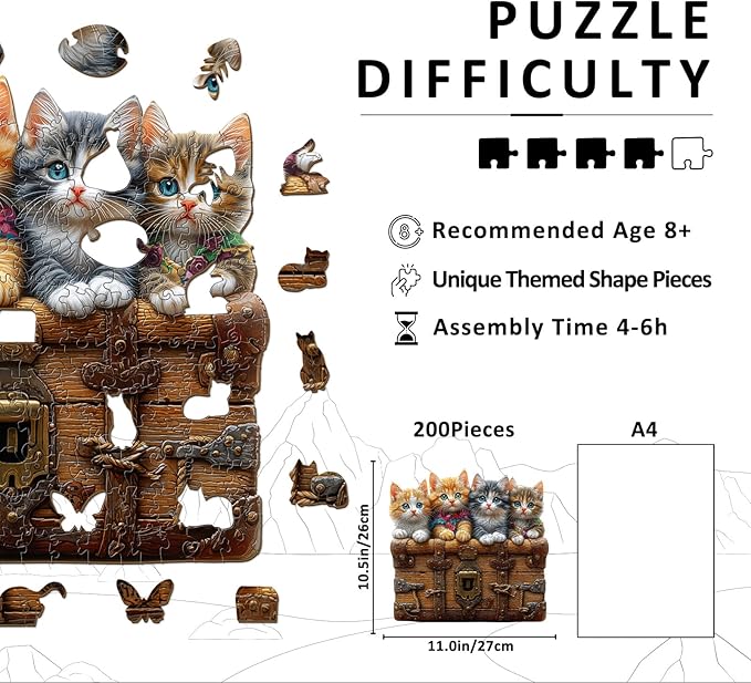 Wooden Puzzles for Adults - Cute Kitten Trunk Wood Puzzles Adult - Unique Animal Shape Wooden Jigsaw Puzzles for Adults - Birthday Gifts for Puzzle Lovers, Family (10.5 * 11in)