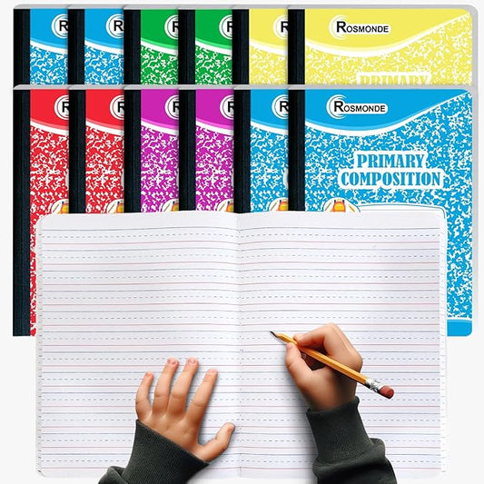 Composition Notebooks Primary Ruled 12 Pack, 200 Pages (100 Sheets), Color Marble Composition Notebook, 9-3/4" x 7-1/2", Grades K-2, Writing Journal for Kids, Dotted Lined, Colors May Repeat