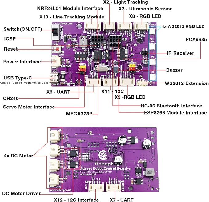 Adeept 4WD Smart Car Kit(Compatible with Arduino IDE), Line Tracking, Light Tracing, Obstacle Avoidance, Servo Motor, OLED Display, Buzzer, LED Dot Matrix Display
