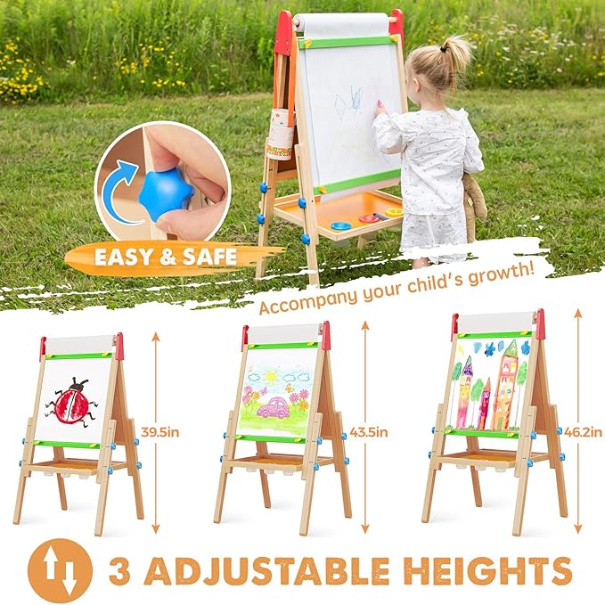 Tiny Land Easel for Kids with 2 Drawing Paper Roll, Adjustable Kids Art Easel, Learning-Toy for 3,4,5,6,7,8 Years Old Boy & Girls, Wooden Chalkboard & Magnetic Whiteboard & Painting Paper Stand