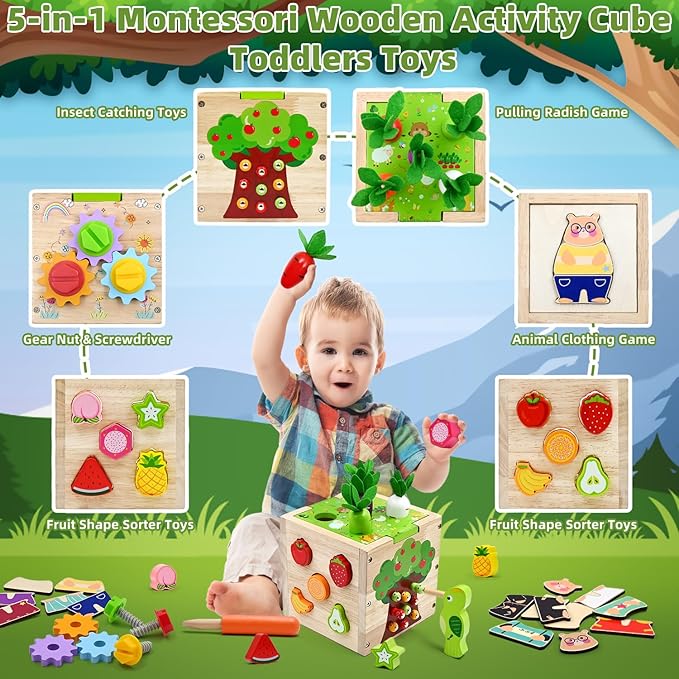 Baby Wooden Activity Cube Montessori Toys for 1 2 3 4 Year Old Boys Girls Birthday Gifts, 5 in 1 Early Educational Learning Toys for Toddlers Kids 12 18 24 Month Fine Motor Skill Games