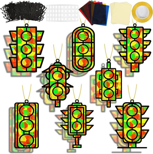 QOUBAI 32 Sets Traffic Light Suncatchers Craft Kit DIY Window Stained Glass Effect Traffic Lamp Paper Crafts Home School Classroom Decoration Kid Birthday Gift Creative Art Project Activity Game