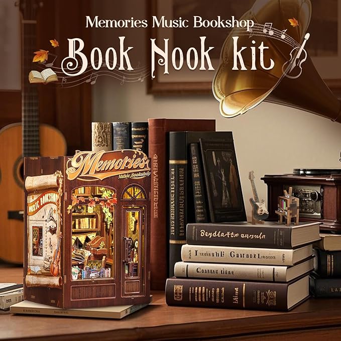 Fsolis Book Nook Kit, DIY Miniature House Kit, 3D Wooden Puzzles for Adults, 136 Pieces, Bookshelf Decor Mini Scale Model Boonook Craft, Gifts for Women Teenagers (Memories Music Bookshop)