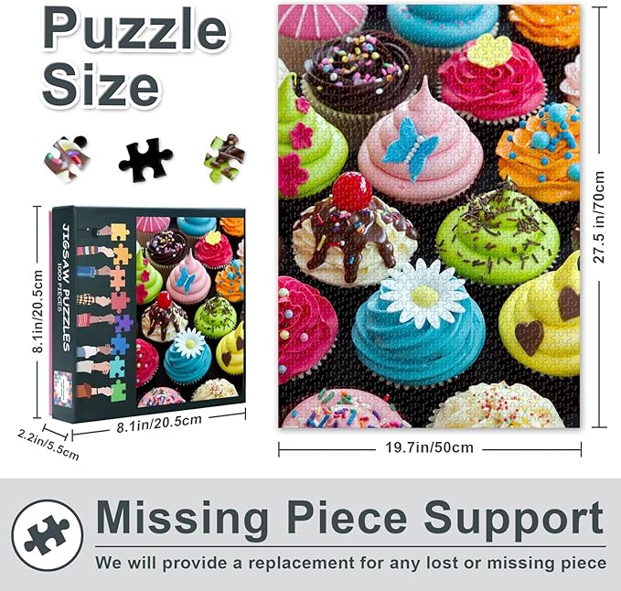 1000 Piece Puzzle for Adults - Colorful Cupcakes & Sweet Desserts Jigsaw Puzzles, Vibrant Cake Artwork Adult Puzzles 1000 Pieces, Premium Treat-Themed Board - 27.5x19.7 Inches