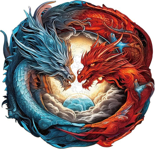 WOODBESTS Wooden Puzzle for Adults, Yin-Yang Dragon Puzzle (M, 200pcs, 11.3"x10.9") Beautiful Wooden Box, Wooden Jigsaw Puzzles Unique Shape, Birthday Gifts for Adults and Kids Family Game