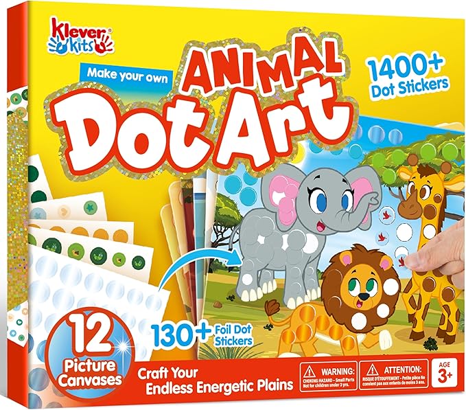 Klever Kits Dot Art Kit for Kids, No Mess Sticker for Toddlers 3-7, Craft Kits, DIY Creative Activity, Travel Toy, Birthday Gifts for Boys Girls (Animal)