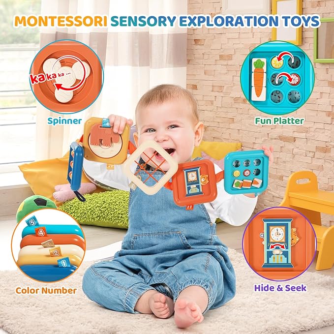 Busy Board for 1 Year Old, Travel Toys for Toddlers 1-3, Montessori Busy Board - Car Airplane Essentials, Sensory Activity Cube Birthday Gifts for Baby Infant Boy Girl