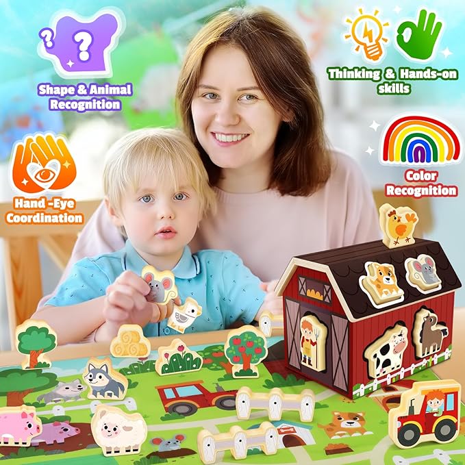Toy for 1 2 3 Year Old Boys Toddlers, Wooden Montessori Toy for Boy Girls 2 3 4 Birthday Gift for Baby 12+Months | Educational Learning Present for Girl Boys Age 2 3 4 | Farm Animals Toys for Toddler