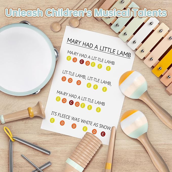 Baby Musical Instruments - Neutral Colors Musical Toys for Toddlers 1-3, Montessori Wooden Percussion Instruments Set with Modern Boho Xylophone Tambourine, Kids Preschool Educational Birthday Gifts