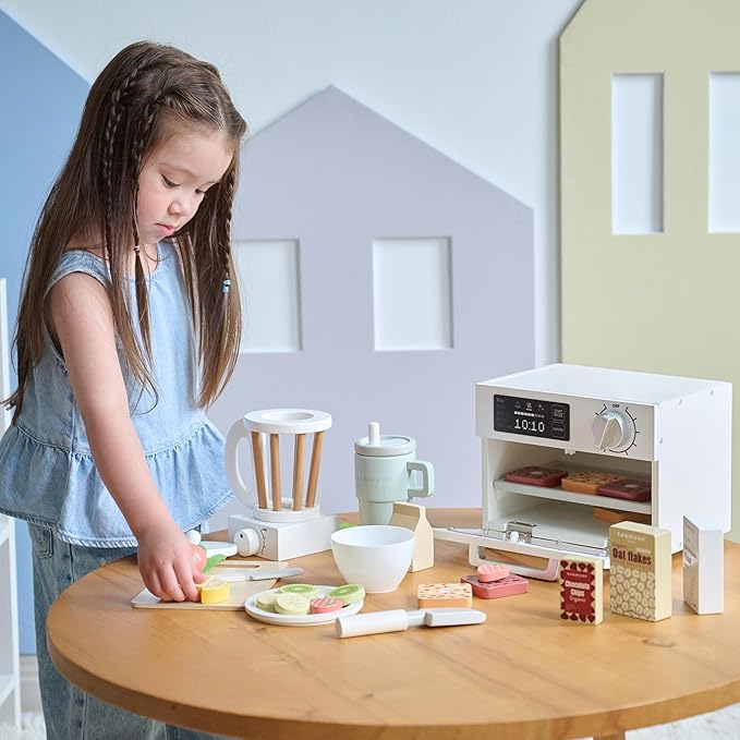 Teamson Kids Little Chef Santa Barbara Wooden Healthy Dessert Set - 27 Pieces Pretend Toy Food Accessories Plus Oven & Blender, Educational Role-Play for Kids Ages 3+, White