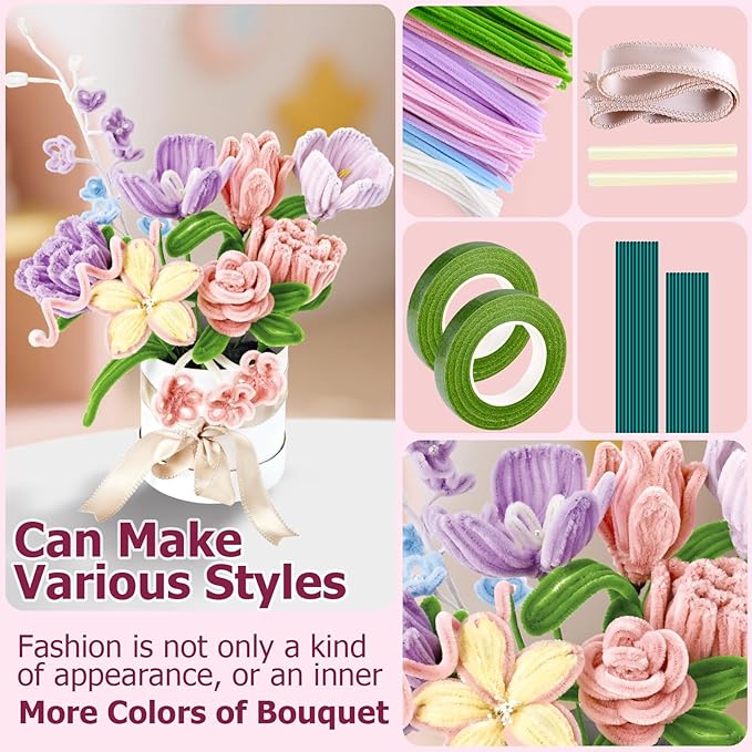 Pipe Cleaners Craft, Multi-Colored Pipe Cleaners Kit, Chenille Stems for DIY Flower Making Kit with Floral Wires, Come with Flower Base, Ideas for Party & Home Decor (A14)