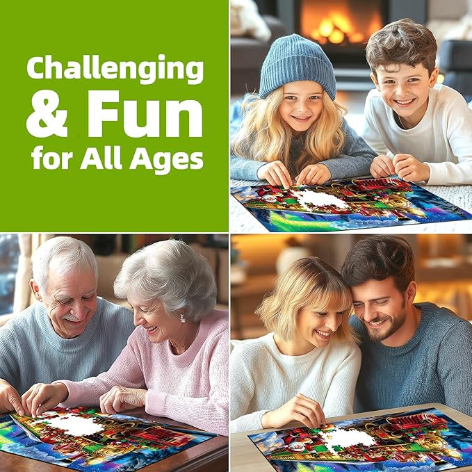 Christmas Train 500 Piece Jigsaw Puzzle for Adults Holiday Northern Lights Winter Town Scene Santa Puzzle Cute Bears Festive Fun Gift Family Games for Adults Seniors & Families (23x15in)