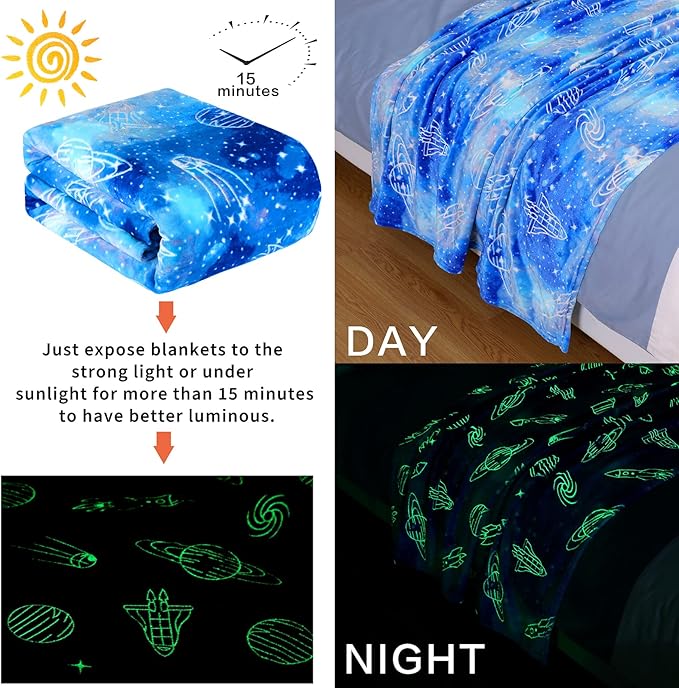 Wesan Glow in The Dark Galaxy Blanket Space Gifts for Kids Boys Girls Outer Space Planets Spaceships Astronomy Starry Sky Throw Birthday for 1-13 Year Teenage Teens Blue 50"x60"