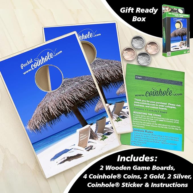 Coinhole Desktop Coin Bouncing Party Game Set | Tabletop Cornhole Board Game | Small Cornhole Travel Game Includes Coins