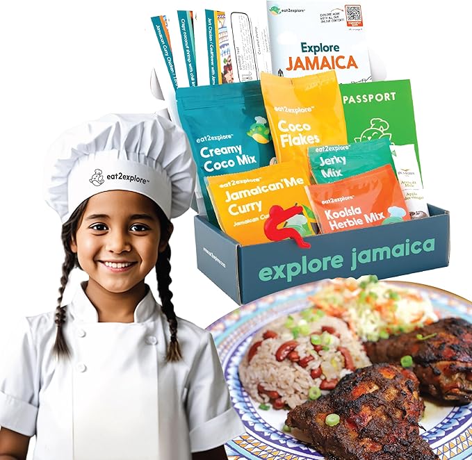 eat2explore Cooking Kits for Kids - Interactive & Educational Set with 3 Recipe Cards, Key Ingredients & Cooking Tools - Ideal Idea for Kids who Love to Create Meals (Jamaica Edition)