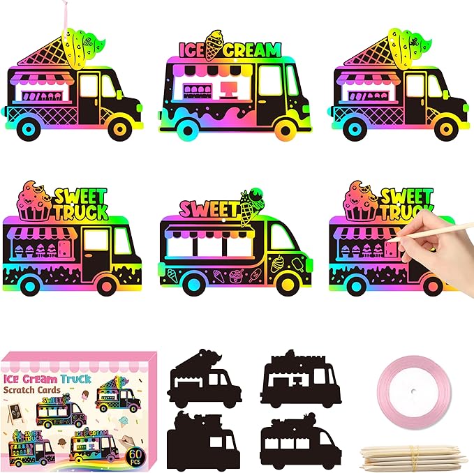 CY2SIDE Ice-Cream Truck Scratch Cards - 60PCS Summer Ice Cream Cart Scratch Craft Paper Ornament Gift Set for Kid, Dessert Truck Magic Rainbow Color Craft Kit for Kid Birthday Party School Activity