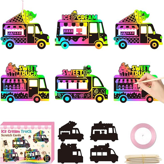 CY2SIDE Ice-Cream Truck Scratch Cards - 60PCS Summer Ice Cream Cart Scratch Craft Paper Ornament Gift Set for Kid, Dessert Truck Magic Rainbow Color Craft Kit for Kid Birthday Party School Activity