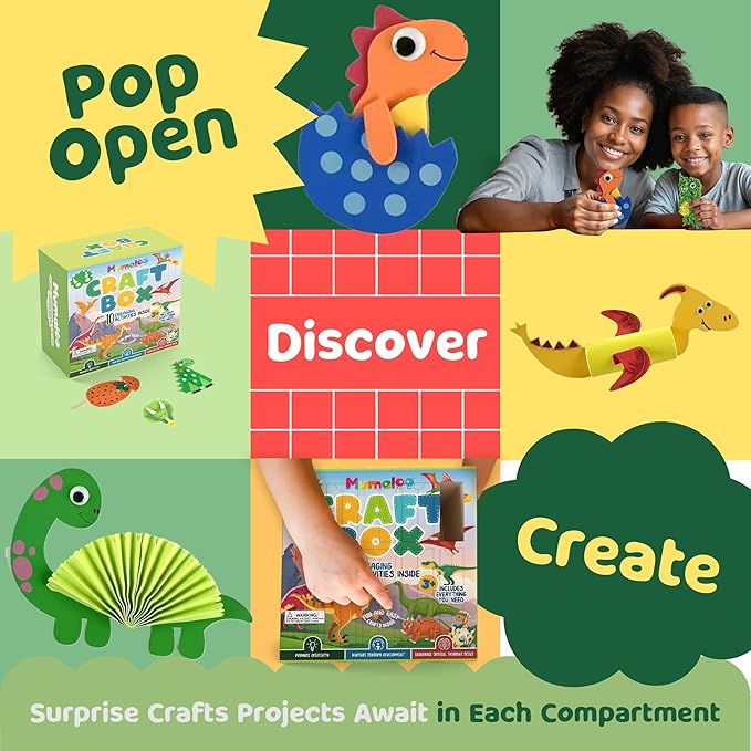 Dinosaur Craft Box - 10 Creative Arts and Crafts for Kids Ages 4-8, Fun, No Mess, Educational, Toddler, Preschool & Homeschool Activities Kit with Supplies, 3 4 5 6 7 8 Year Old Girls and Boys