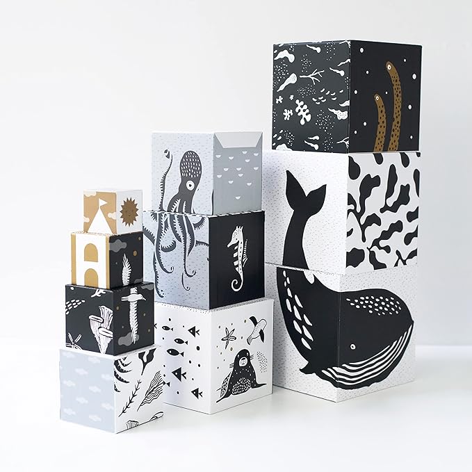 Wee Gallery Nesting Blocks, Stacking Toys for Toddlers and Kids, Educational Blocks with Numbers and Animal Illustrations for Motor Skills, Counting and Early Learning (Ages 2 & Up), Ocean Animals