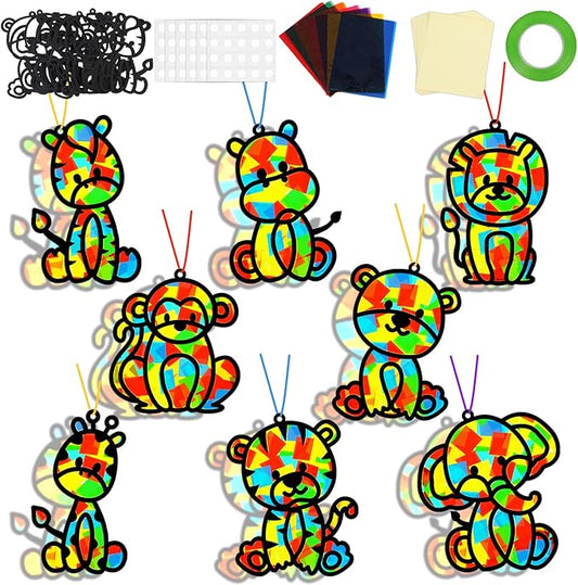 32 Sets Woodland Animal Suncatchers Craft Kit DIY Window Stained Glass Effect Forest Jungle Animals Paper Craft Home School Classroom Decoration Kid Birthday Gift Creative Art Project Activity Game
