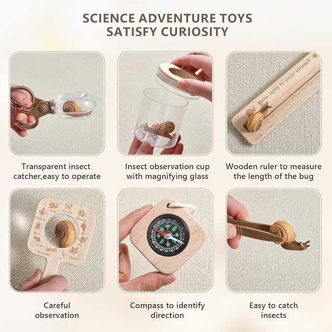 Wooden Bug Catcher for Kids, 8-in-1 Insect Exploration Set with Butterfly Net, Magnifying Glass, Bug Habitat, Tweezers, Compass,Outside Toys for Toddlers