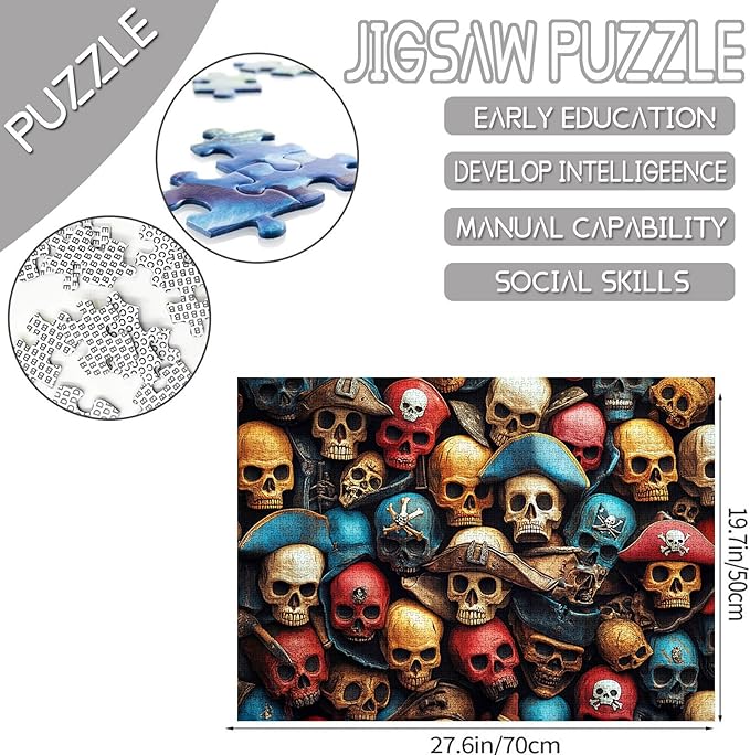 Tucocoo Pirate Skulls Jigsaw Puzzle 1000 Pieces Puzzles for Adults, Colorful Skeleton with Hats Vintage Art Puzzles for Challenging Family Activity Games DIY Craft Puzzle for Home Wall Decor Gifts