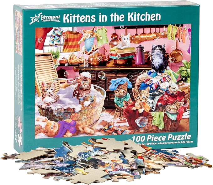 Vermont Christmas Company Kittens in The Kitchen Jigsaw Puzzle 100 Piece, Large Pieces Perfect for Kids and Seniors