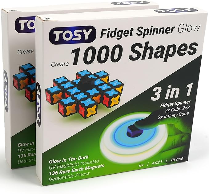 TOSY Magnet Fidget Spinner Glow - 16 Blocks, 3 in 1 Toy: Transformable Fidget Spinner, Infinity Cube, 2x2 Puzzle Cube, Glow, STEM/STEAM Magnet Tiles Birthday Gift for Kids/Boys/Girls/Adults, 2-Pack