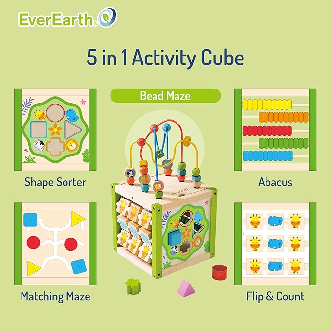 Wooden Activity Cube with Bead Maze, 5 in 1 Activity Center, Educational Learning Montessori Toys for Toddlers for Kids 1+, FSC Certified