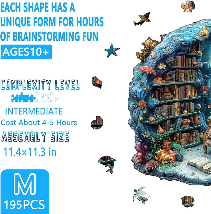 Wooden Puzzles for Adults, Undersea Book House Wooden Jigsaw Puzzle for Adults, Unique Shape Wood Puzzles Adult, Presents for Women and Men, Wall Art Home Decor(M -11.4 * 11.3in-195 pcs)
