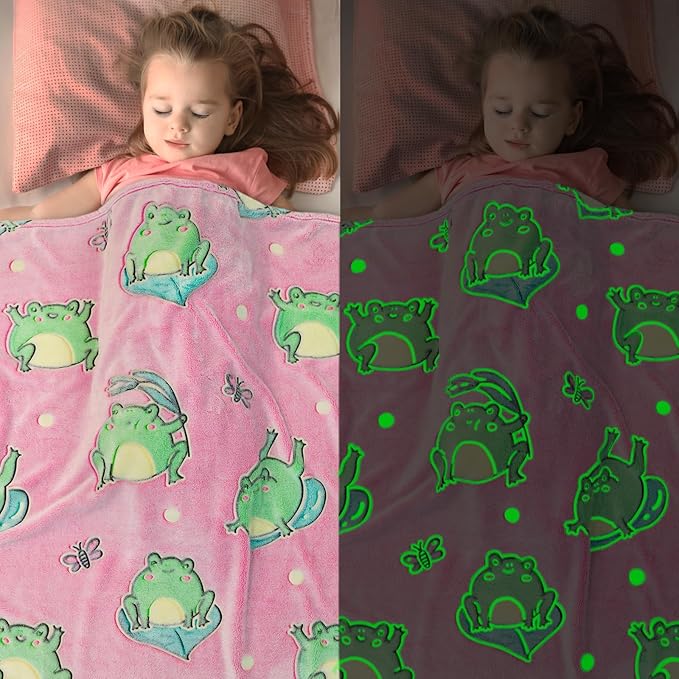 Cute Frog Blanket Glow in The Dark Blanket for Kids Frog Gifts for Women Soft Fleece Blanket Pink Frogs Stuff Birthday Gifts