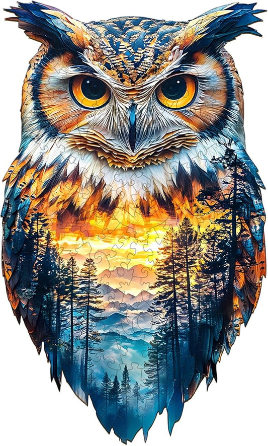 KAAYEE Wooden Puzzles for Adults, 3D Visual Effect Forest Owl Wooden Jigsaw Puzzle Unique Shape Wood Puzzle Adult, 3D Effect Flat Puzzle Birthday Family Games (M-11.4 * 6.9in-120pcs)