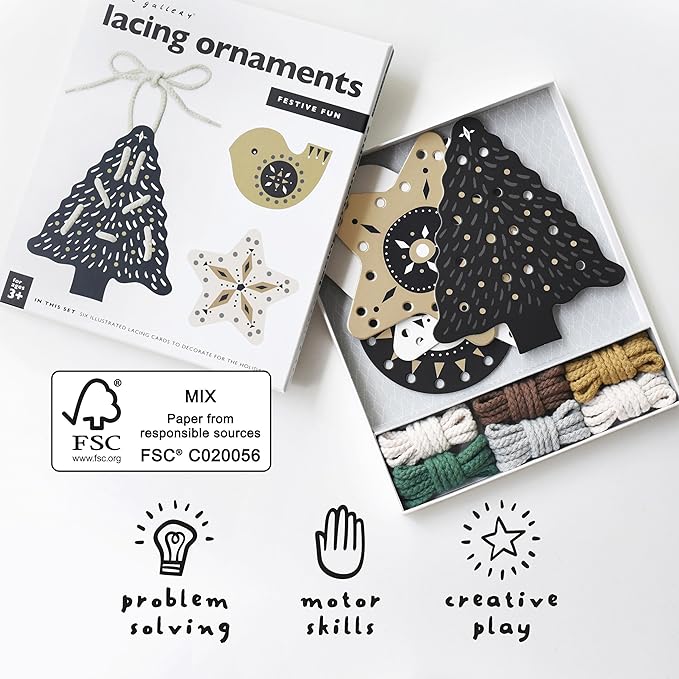 Wee Gallery Holiday Lacing Cards, Sewing Board and Travel Game for Toddlers and Preschoolers, Fine Motor Skills Toy, Montessori-Inspired Educational Kids Craft Activity for Ages 3+