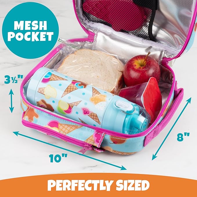 Kids Insulated Lunch Box w Snack Pocket & Expandable Water Bottle Holder For Girls- Waterproof Lunchbox Tote Keeps Food Hotter or Colder Longer - Reusable Back to School Bag Fits Most Bento Containers