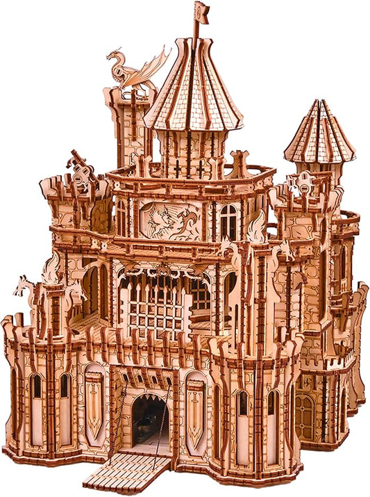 Wood Trick Dragon Castle Movable Wooden 3D Puzzles for Adults to Build - Red LED - Greensleeves Melody - Towers Rotating - Engineering DIY Project Mechanical Model Kits for Adults