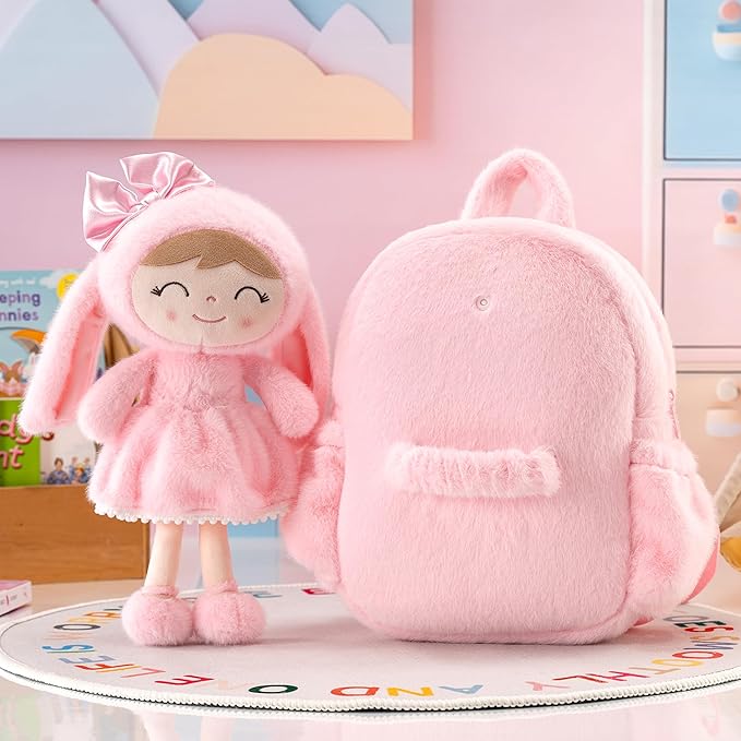 Gloveleya Toddler Backpack Plush Bag with Soft Pink Rabbit Doll Detachable Design 11-inch Gift for Baby Girl 2+...