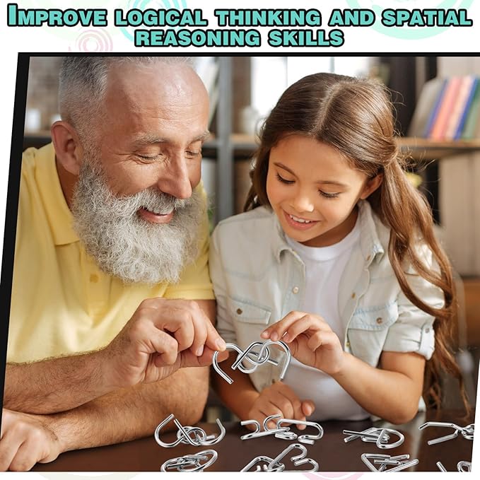 Yilloog Metal Wire Puzzle Set of 8 with Pouch, Brain Teaser Puzzles IQ Test Ring Disentanglement Unlock Interlock Game Trick Metal for Party Favor Challenge(B Style)